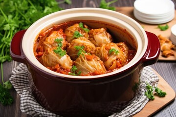 cabbage roll in a mini casserole dish with serving tongs