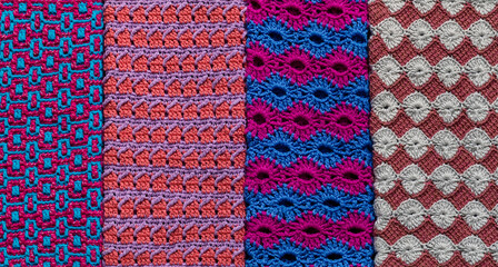 Colorful crochet collection with abstract patterns. Knitted background.