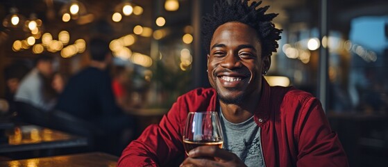 Portrait of a self-assured young Black man grinning at the camera while sitting on a couch and drinking red wine.. - obrazy, fototapety, plakaty