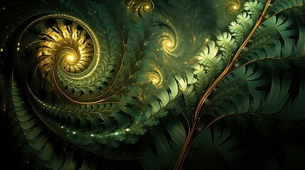 Fractal inspired by dense rainforests, with a color palette of deep greens, golds, and earthy browns. - obrazy, fototapety, plakaty