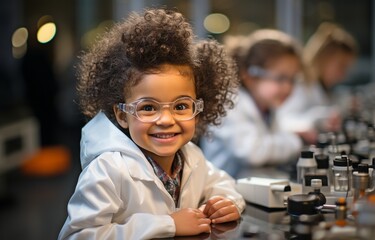 In a school science class, a smiling black girl wearing a lab coat and safety glasses is captured...