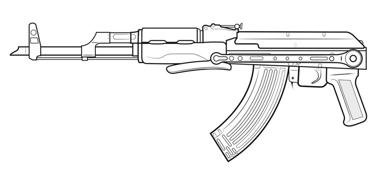 Vector illustration of AK47 assault carbine with folded steel stock. Left side.