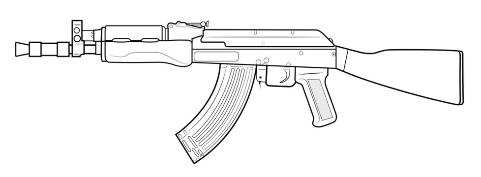Vector illustration of AK47 soviet assault rifle with short barrel an wooden stock. Left side.