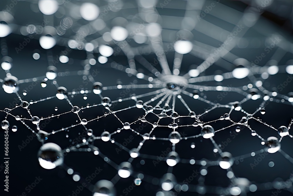 Poster a close up of water droplets on a spider web pattern. generative ai
