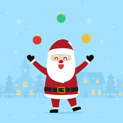 Cute santa claus characters with city village and christmas tree in night time with snowfall. Christmas season and Happy new year season. Vector illustration