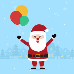 Cute santa claus holding balloons with city village and christmas tree in night time with snowfall. Christmas season and Happy new year season. Vector illustration
