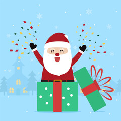 Cute santa claus out surprise gift box with city village and christmas tree in night time with snowfall. Christmas season and Happy new year season. Vector illustration