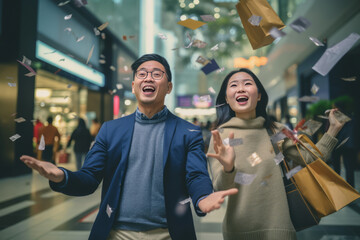 Happy asian couple holding shopping bags in shopping mall. Christmas and New Year holiday concept.
