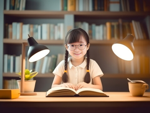 Asian little girl reading book in library at night. Education concept.