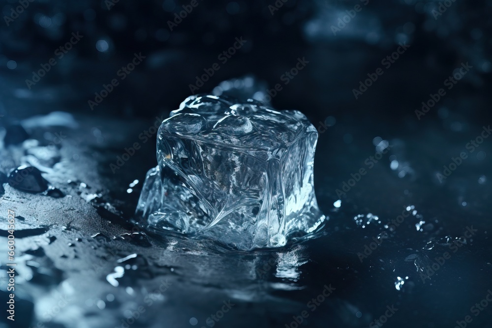 Poster an ice cube with water droplets on it on a black surface. generative ai