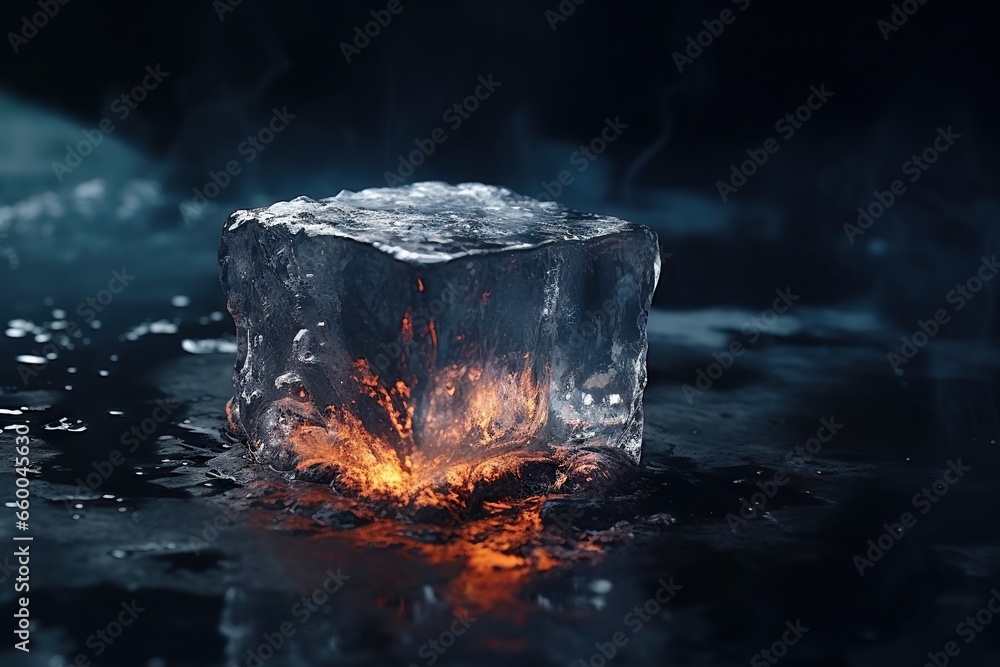 Aufkleber a melting ice cube on a black surface with a fire. generative ai