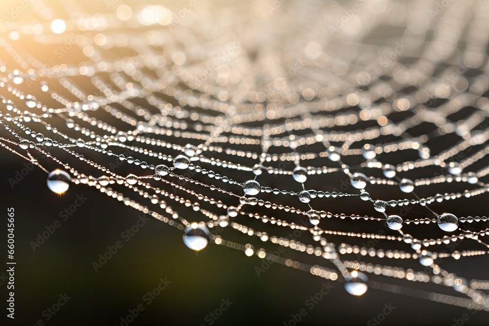 Aufkleber a close up of a spider web with water drops on it. generative ai