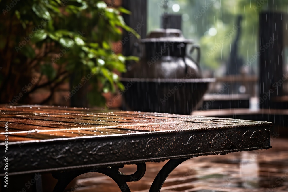 Poster a table with a potted plant in the background and rain falling on it. generative ai