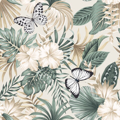 Tropical hibiscus and palm leaves with butterfly floral pattern.  - 660045605
