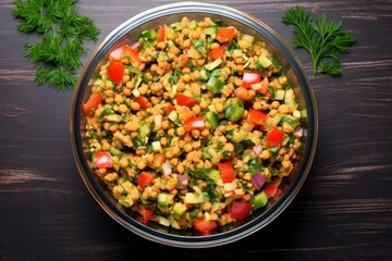 Obraz na płótnie Canvas top-down shot of chickpea salad in a clear glass bowl