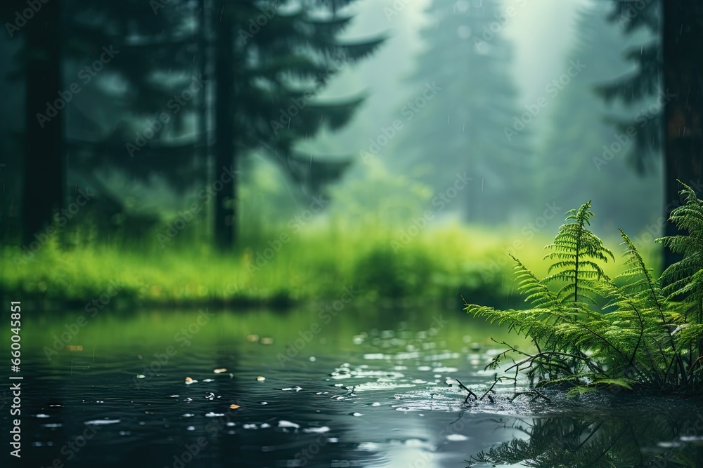 Poster a pond with a fern in the middle of it and a forest in the background. generative ai