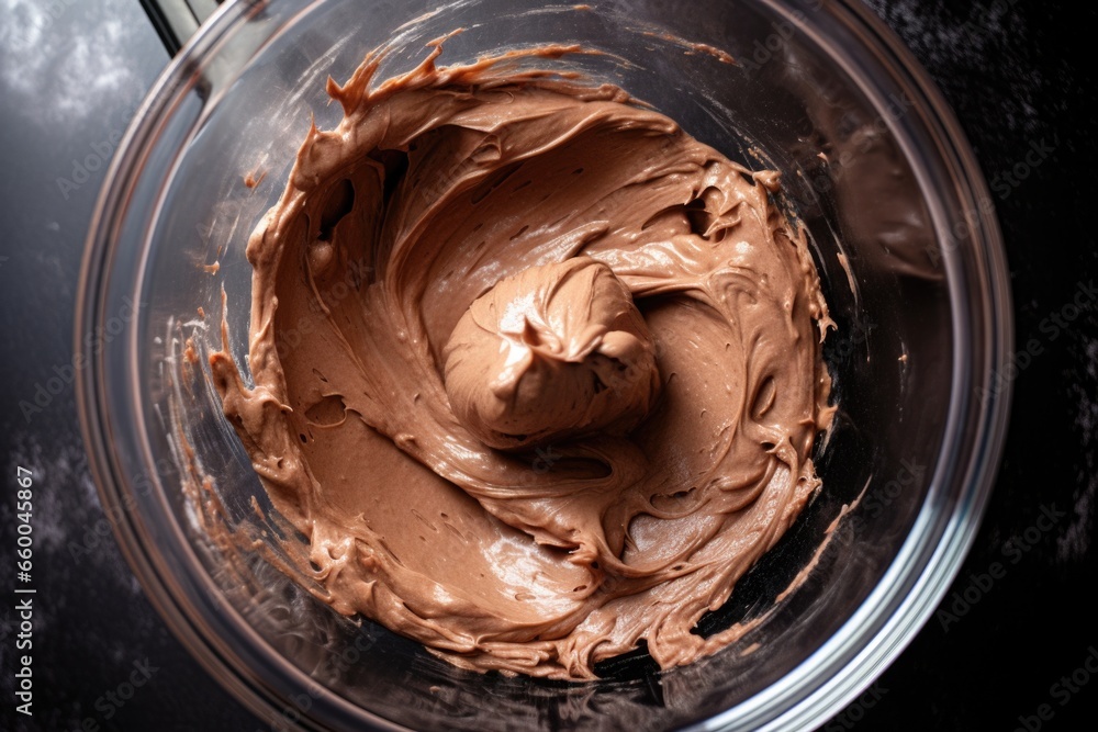 Poster chocolate cake batter in a glass mixing bowl