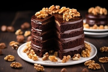 Fototapeta na wymiar homemade chocolate cake with walnuts on the top