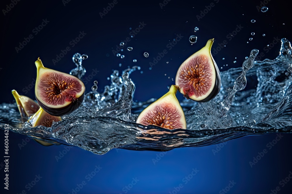 Poster a group of figs floating in the water with bubbles. generative ai