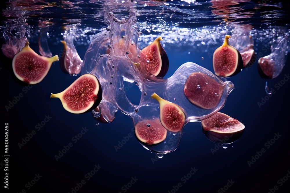 Poster a group of figs floating in the water with ice cubes. generative ai