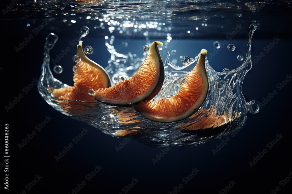 Poster a group of oranges floating on top of a body of water. generative ai