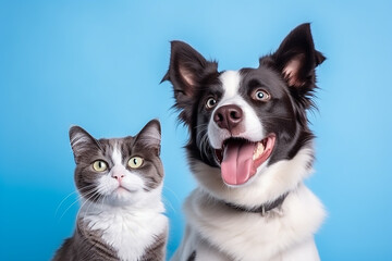 British Shorthair Cat Kitten and Border Collie Dog on Blue Background - Created with Generative AI Tools