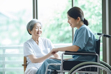 asian young caregiver caring for her elderly patient at senior daycare handicap patient in a wheelchair