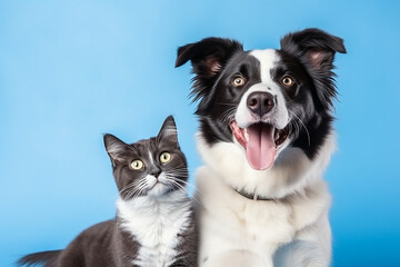 British Shorthair Cat Kitten and Border Collie Dog on Blue Background - Created with Generative AI Tools