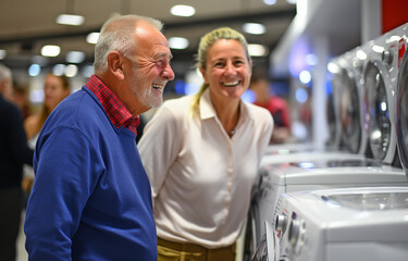 Fototapeta na wymiar An elderly couple is shown in a portrait from the side as they examine washing machines in a store..