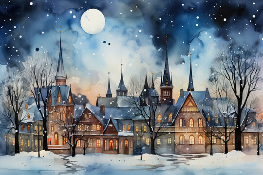 Watercolor illustration of an old quiet small town in winter in the evening
