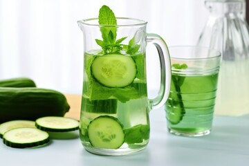pitcher of cucumber and mint water with a ladle
