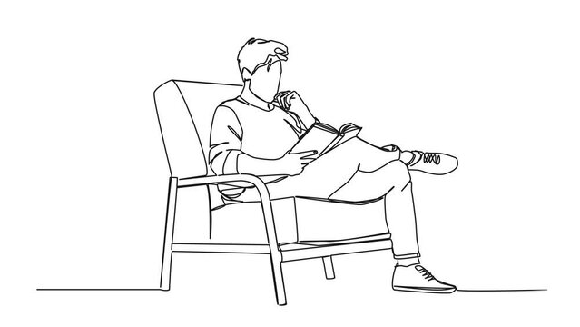 animated continuous single line drawing of man in comfortable armchair reading a book, line art animation