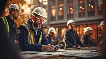 Architects and engineers on a construction site check documents with a group of businesspeople.. - Powered by Adobe