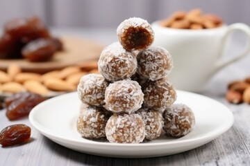 stack of date balls on white ceramic plate