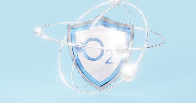 oxygen symbol o2 located on a shield with atoms and orbits orbiting around, 3d rendering of diatomic oxygen