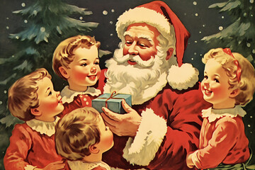  vintage 1950s santa claus bringing gifts to happy children