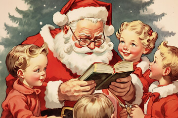 vintage santa claus reading a book to happy children - obrazy, fototapety, plakaty