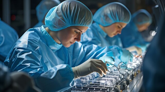 two employees evaluating the machinery at a food industry while wearing lab coats.