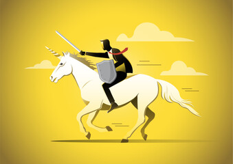 Businessman riding a unicorn holding sword and shield business concept