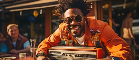 Hip Black man carrying a boombox and grinning at the camera in a vibrant waist-up portrait taken outside.. - obrazy, fototapety, plakaty