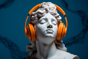 white marble bust on pedestal of a woman aphrodite with eyes closed, feeling the music with orange headphones, blue plain background
