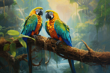 Blue and Yellow Macaws sitting on a branch in the Jungle
