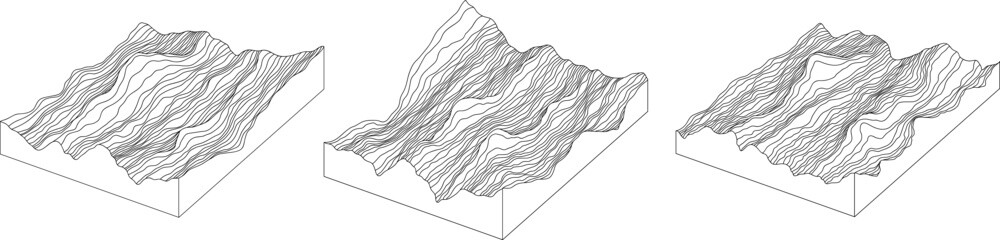 Illustration of a topographic map of the island hand drawn set. Abstract concept images for background. Lines and contours relief of mountains collection.
