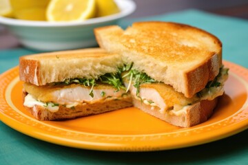 lightly toasted fish sandwich on a pastel plate