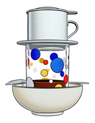 An illustrative depiction of a collection of vintage Vietnamese coffee phin filters accompanied by a glass filled with black coffee. The illustration style is clean, simple, and refined.	
