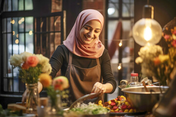 young and elegant Arab woman in her home kitchen, reflecting the rich culinary traditions and the nurturing spirit that make mealtime a cherished ritual in her household. - obrazy, fototapety, plakaty