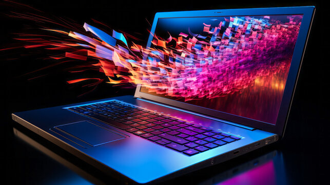 Dynamic computer showcasing exceptional speed and memory capacity through motion blur effects.