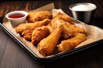 fried chicken tenders in a paper tray