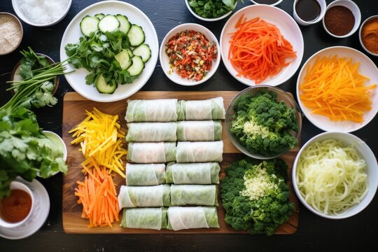 overhead image of a table filled with spring roll ingredients and finished rolls