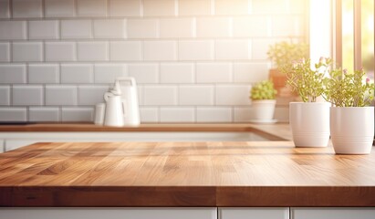 Fototapeta na wymiar kitchen counter top in front of white tiles Generative AI